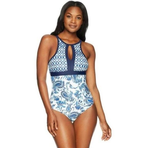 Coastal Blue Floral/Paisley One Piece Swimsuit S - Picture 2 of 3